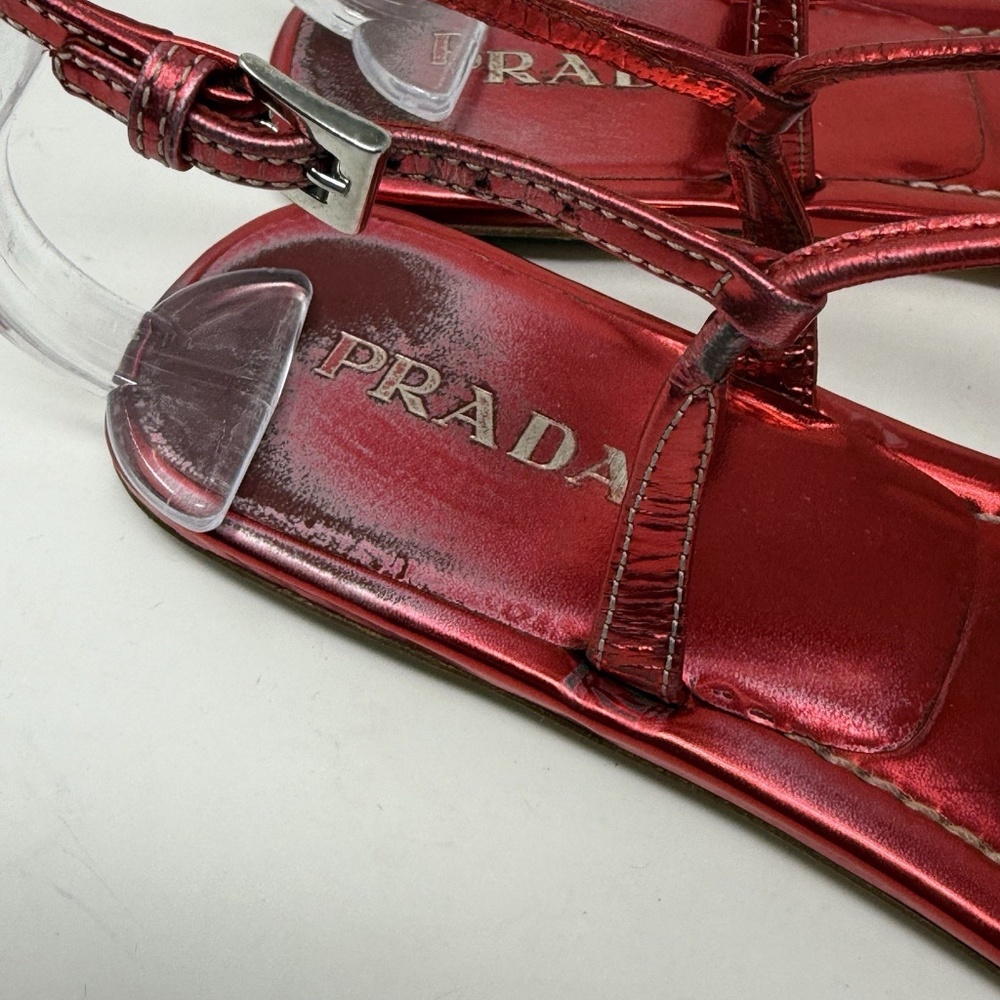Prada Capretto Thong Leather Sandals Metallic Pinkish Red Size 7.5 (EU 38) - Picture 7 of 13